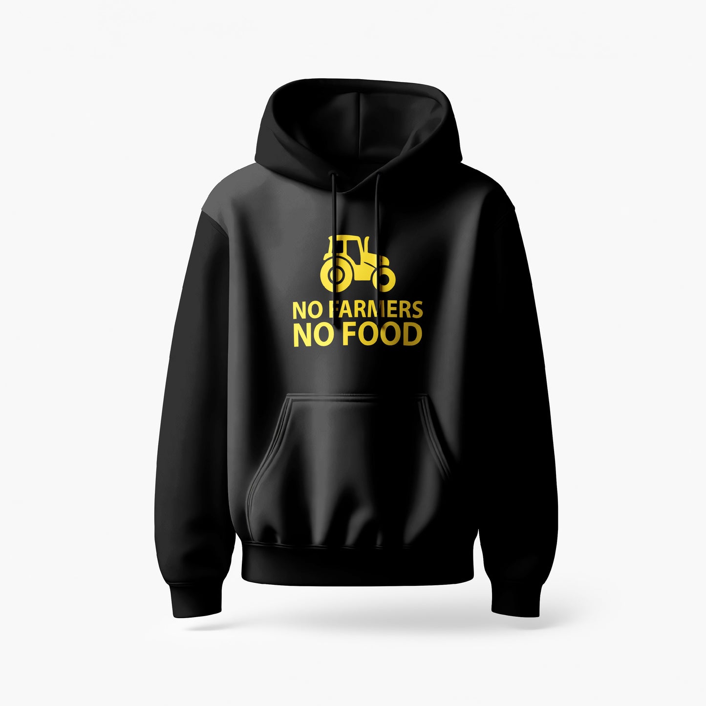 No Farmers No Food yellow logo printed on the front of a black hoodie