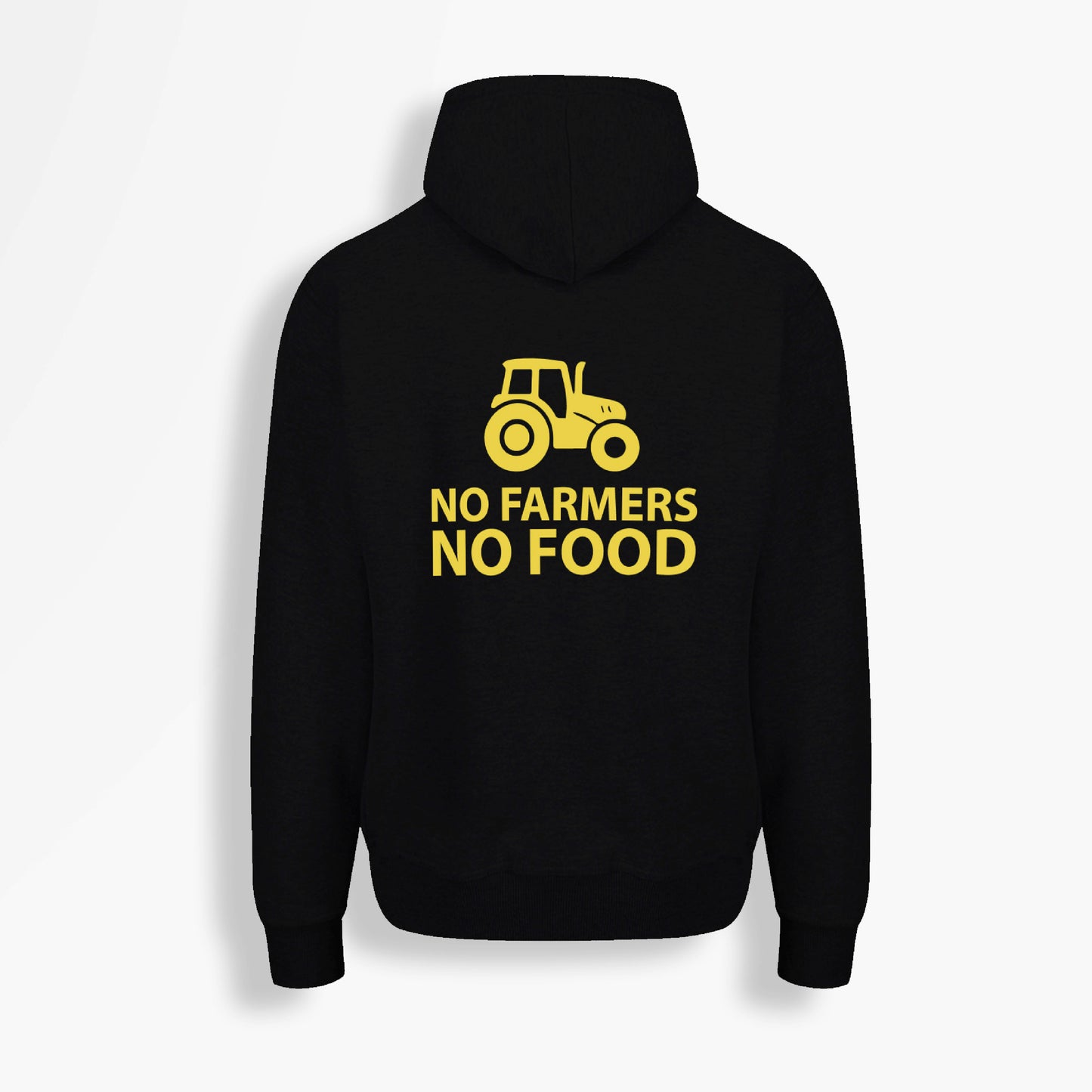 No Farmers No Food yellow logo printed on the back of a black hoodie