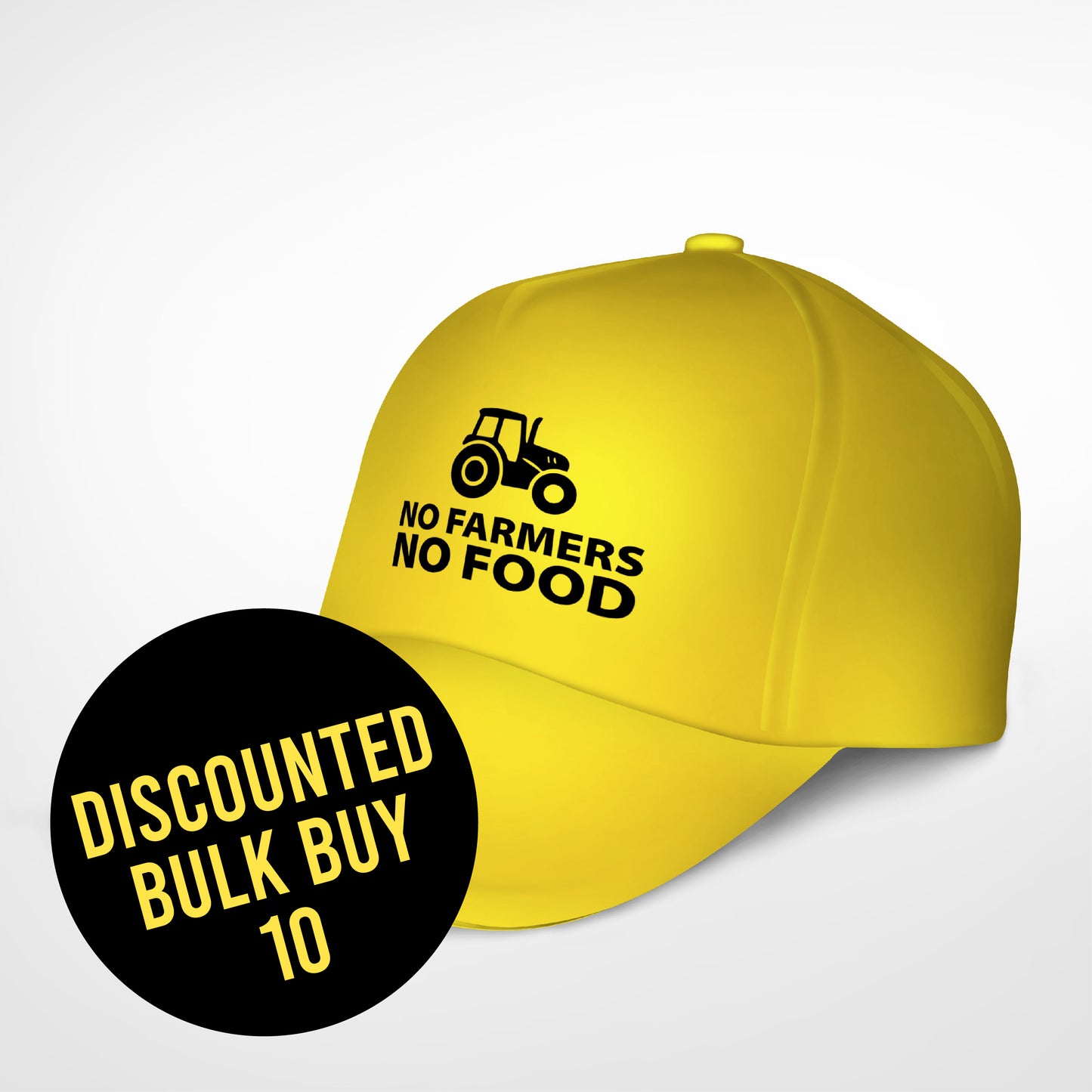 No Farmers No Food black logo on yellow cap bulk buy 10 offer