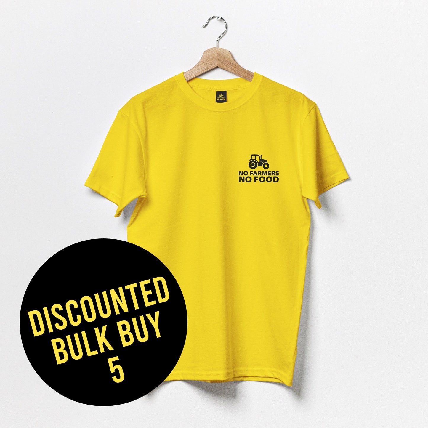 No Farmers No Food black logo on front of a yellow t-shirt bulk buy 5 offer