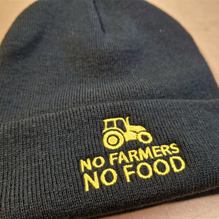 No Farmers No Food yellow embroidered logo on black beanie hat