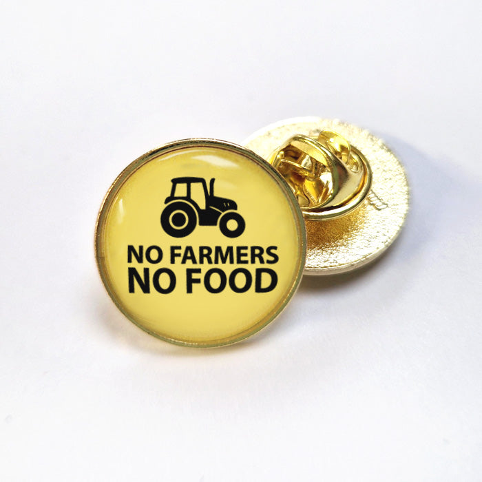 No Farmers No Food black logo on  yellow, gold plated 
lapel pin 