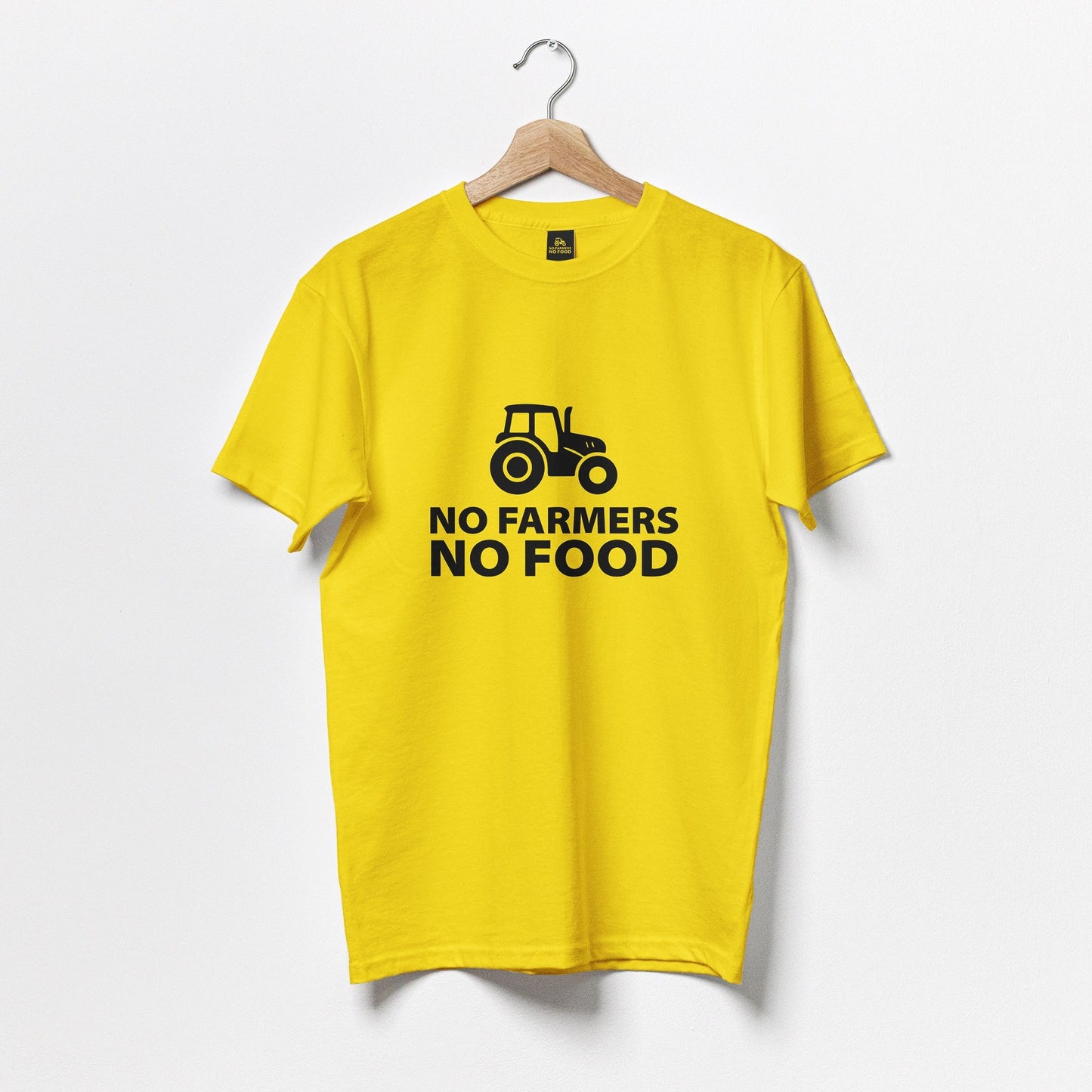 No farmers No Food black logo on front of yellow t-shirt