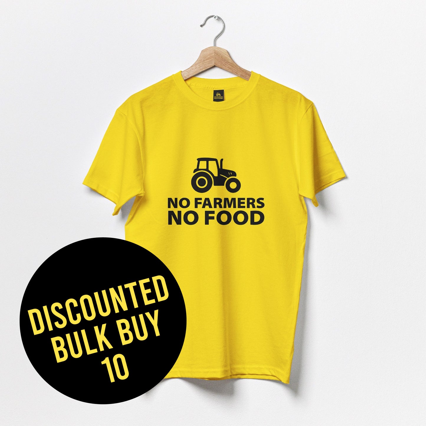 No farmers No Food black logo on front of yellow t-shirt bulk buy 10 offer